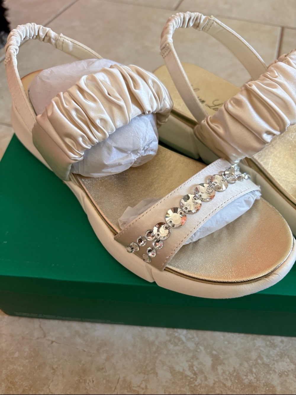 Lauren Lorraine Ivory Satin Sandals with Rhinestone Strap